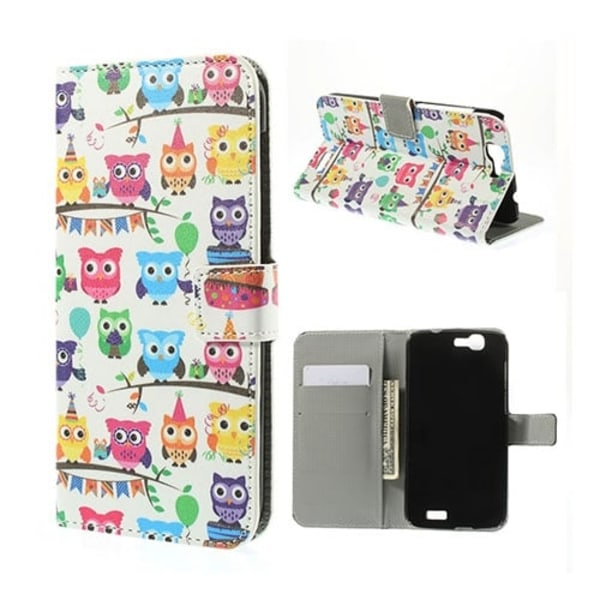 Moberg Huawei Ascend G7 Læder Flip Etui - Farverige Ugler Multicolor