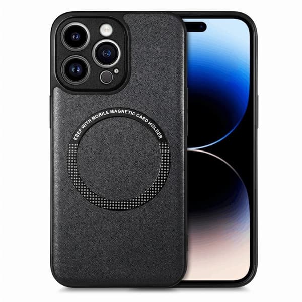 iPhone 15 Pro Magnetic Phone Case Vegansk Læder Coated Bumpresistent and Flexible Drop Resistant Cover Compatible with MagSafe - Sort Black