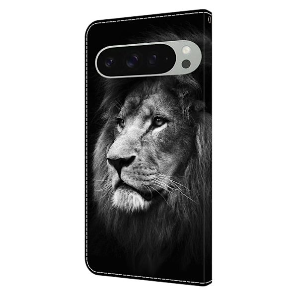 Google Pixel 9 Pro XL plånboksfodral mönstrat tryck stativ läder flip telefonskal - Lejon Silvergrå