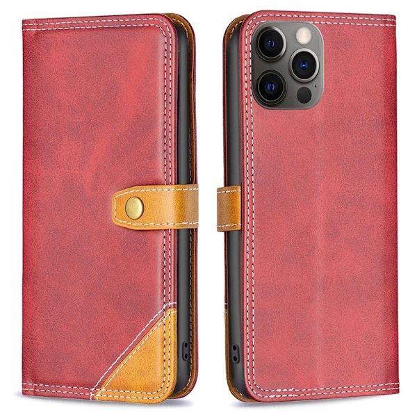 BINFEN tvåfärgat läder iPhone 12 / iPhone 12 Pro fodral - Röd Röd