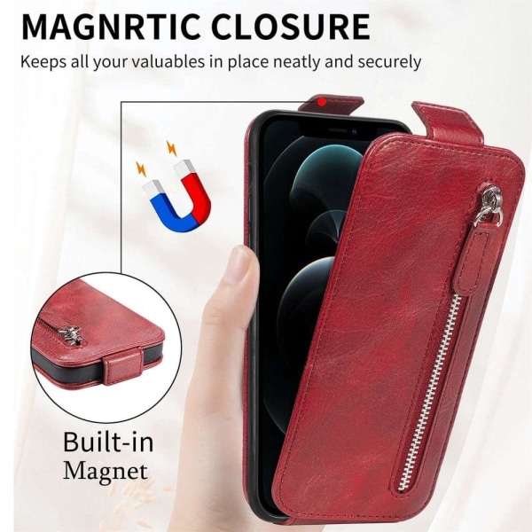 Vertical Flip Phone Suojakotelo With Zipper For iPhone 12 / 12 Pro - Punainen Red