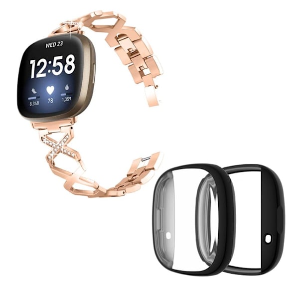 Fitbit Sense / Versa 3 X-formad klockrem med strassdekor och svart fodral - Roséguld Rosa