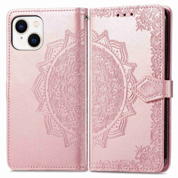 Mandala läder iPhone 14 fodral - Rosa Rosa