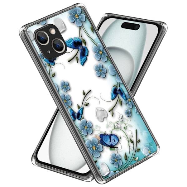 Deco iPhone 15 cover - Sommerfugl Og Blomst Blue