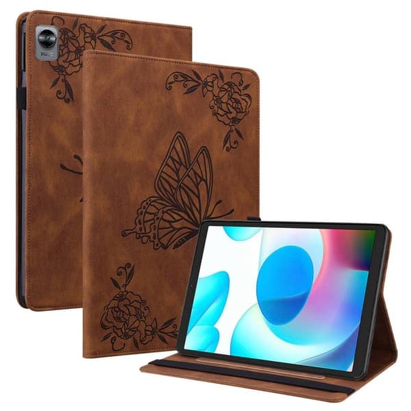 Realme Pad Mini skinnveske med sommerfuglblomstermønster - Brun Brown