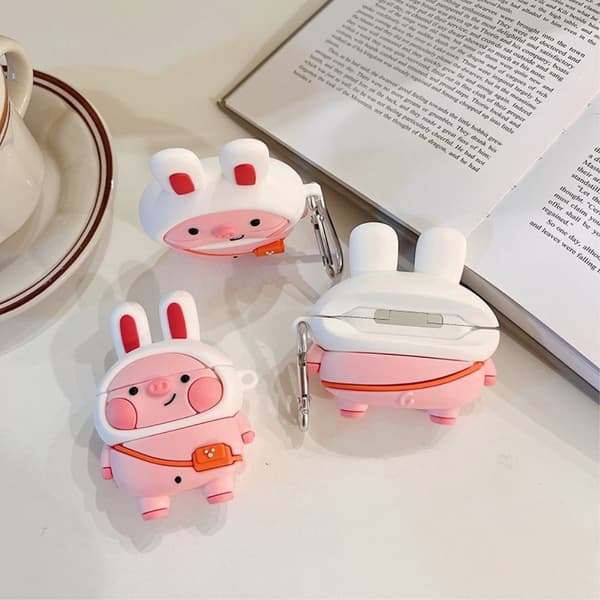 AirPods 3 söpö valkoinen korkki possu silikonikotelo koukulla Pink