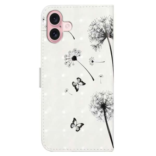 iPhone 16 Etui 3D Creative Pattern Vegansk Læder Stand Phone Cover - Børn Og Mælkebøtte Black
