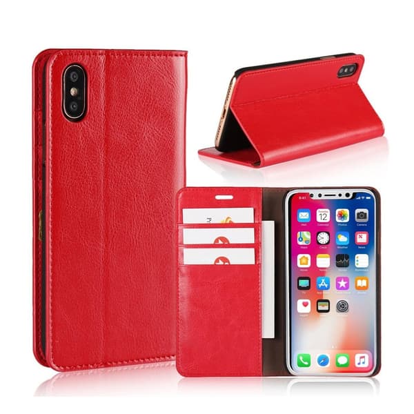 iPhone X flip cover i ægte læder med skørt hesteskind - Rød Red