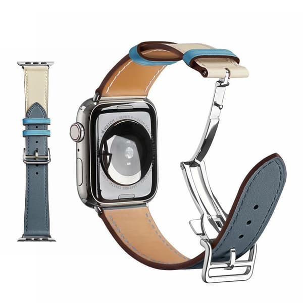 ægte læder sølv spænde rem til Apple Watch Series 6 / 5 44mm - Lake blå / hvid Blue