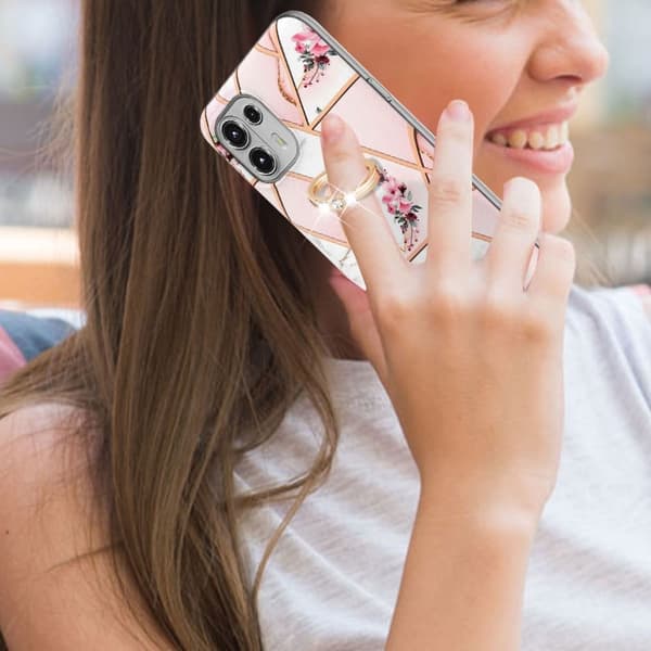 Marble Mønstret Deksel med Ring Holder til Motorola Edge 20 Lite - Rosa Blomster Pink