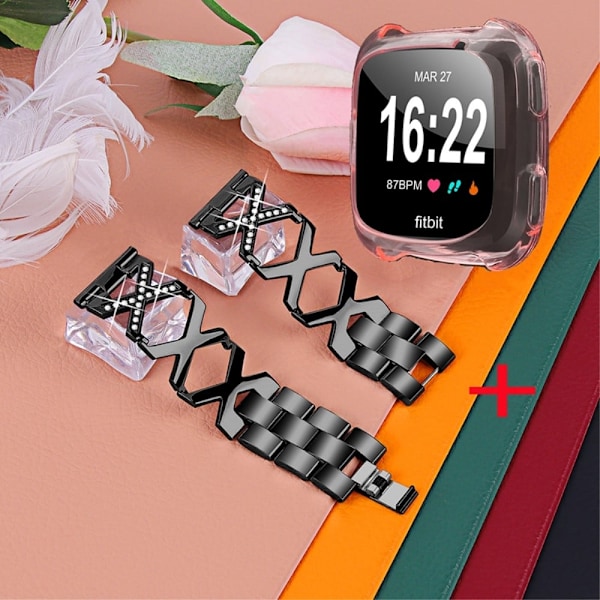 Fitbit Versa 2 / Lite urrem i rustfrit stål med rhinestone-dekor og klart pink cover - Sort Black