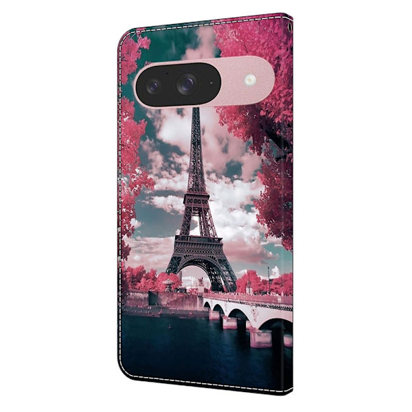 Google Pixel 9 / 9 Pro plånboksfodral mönstrat tryck stativ läder flip telefonskal - Eiffeltornet Rosa