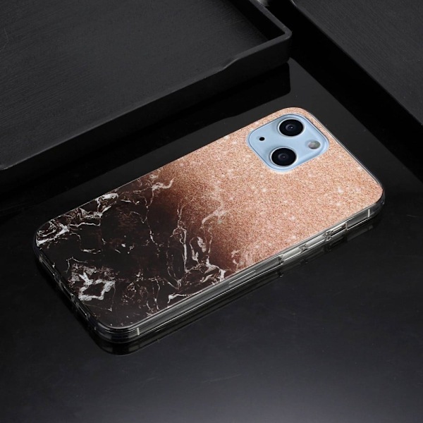 Marmormotiv iPhone 14 skal - Roséguld Svart Marmor multifärg