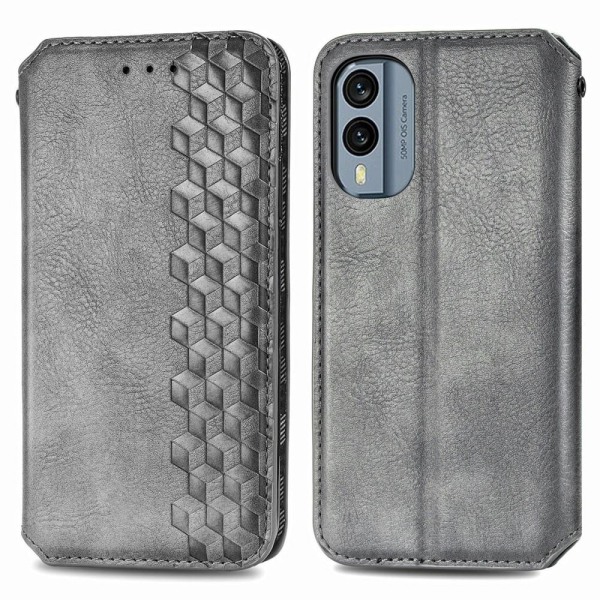 Læder Etui med A Stilfuldt Rhombus Tryk til Nokia X30 - Grå Silver grey