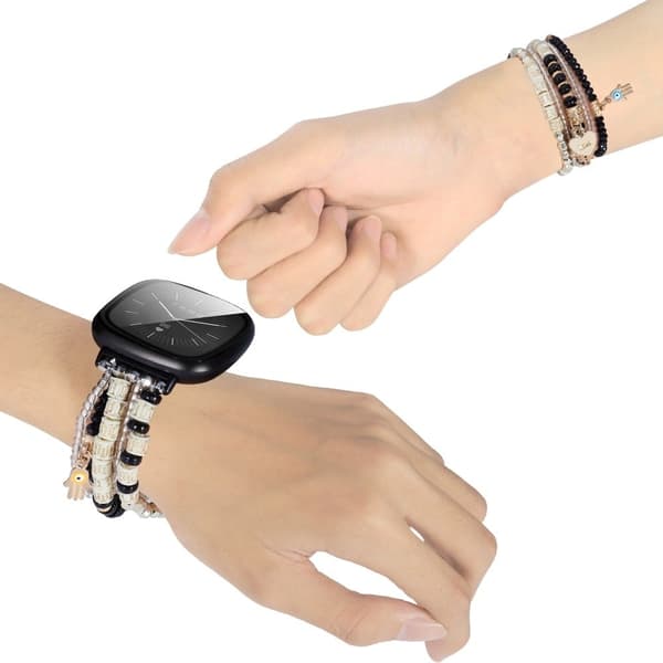 Fitbit Sense 2 / Versa 4 koristeltu helmi ja akaatti kellon hihna - Musta Black