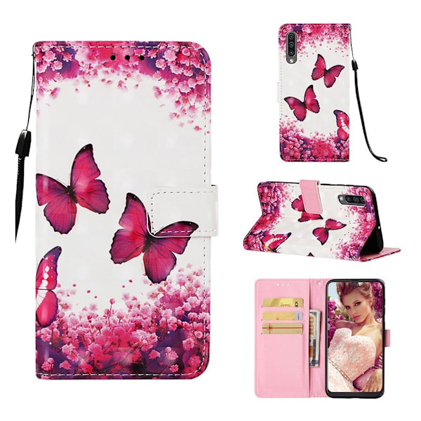Samsung Galaxy A50 Läderfodral med Mönster - Fjäril och Blomma multifärg
