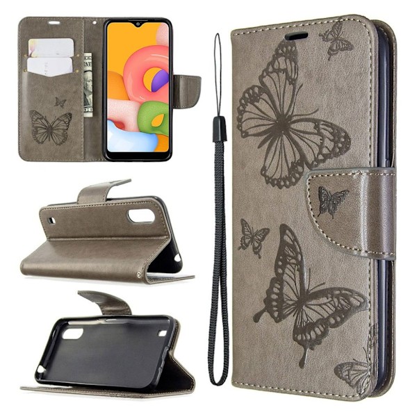 Butterfly läder Samsung Galaxy A01 fodral - Silver/Grå Silvergrå