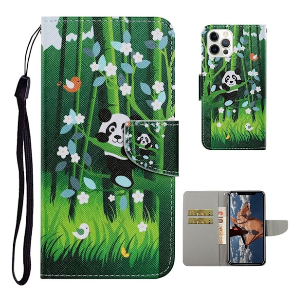 Multimønster magnetisk håndledsrem læder mobiltaske med stativ Apple iPhone 13 Pro 6,1 tommer - Panda Green