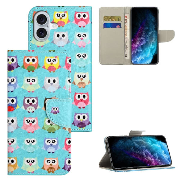 Wonderland iPhone 16 Plus flip-etui - Ugler Blue