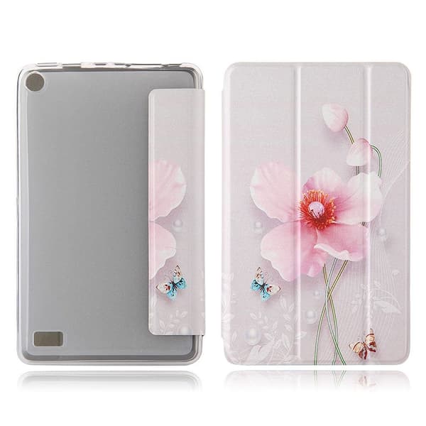 Amazon Fire 7 (2019) tyylikäs kuvio nahkainen flip case - Vaaleanpunainen Kukka Pink
