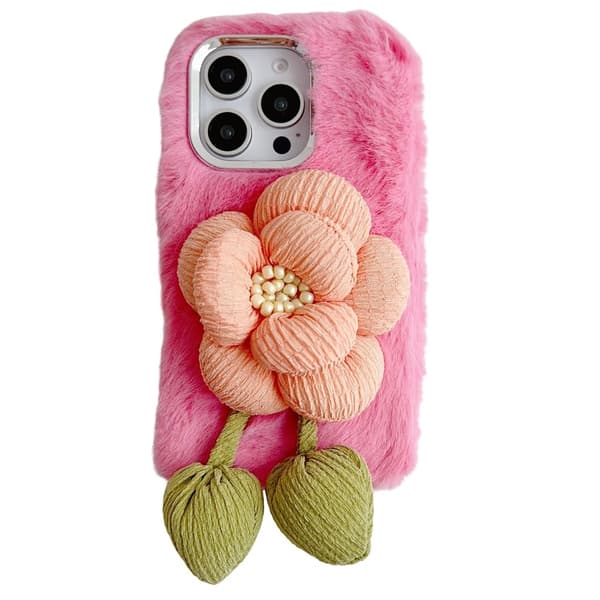 iPhone 16 Pro Plush Phone Case 3D Flower Decor Fluffy Flexible Back Cover - Pink Pink