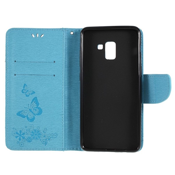 Samsung Galaxy A8 (2018) imprinted sommerfugl Blomster PU læder flip etui - blå Blue