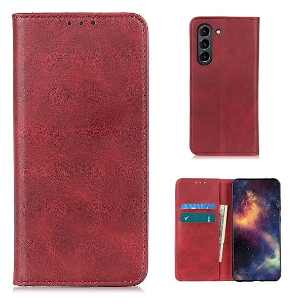 Lompakko-style Aitoa Nahkaa Läppäkotelo For Samsung Galaxy S21 FE - Punainen Red
