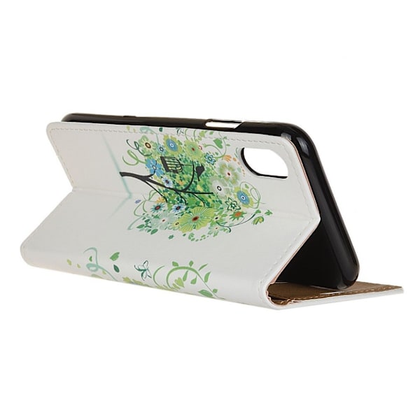 iPhone Xr mønster print læder flip cover - Grønne Blomster Træ Fuglebur Green