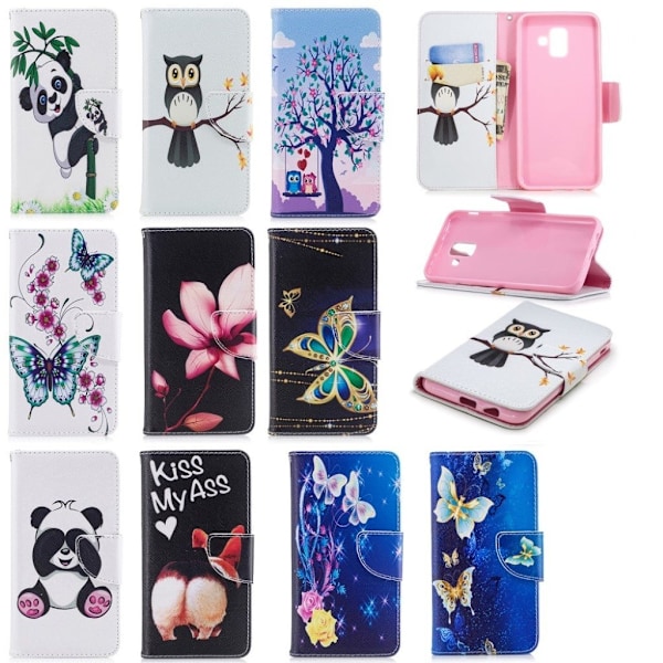 Samsung Galaxy A6 læder flip cover med mønsterprint - En Ugle Står På En Gren Multicolor
