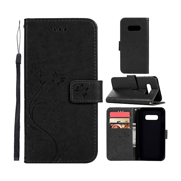 Samsung Galaxy S10e sommerfugle- og blomstertryk læder flip etui - Sort Black