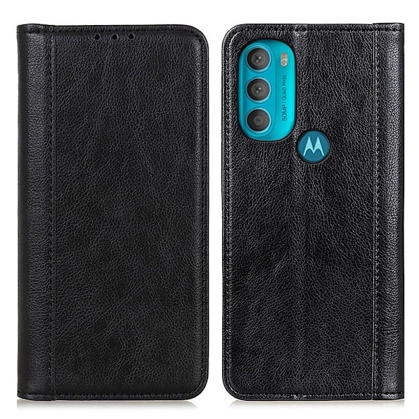 Äkta läder Motorola Moto G71 5G fodral med magnetisk stängning Svart