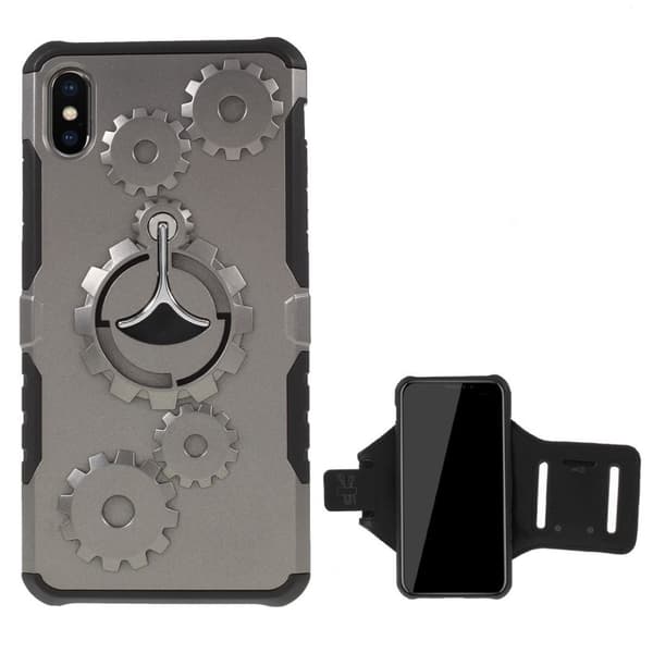 iPhone 9 Plus beskyttelsesetui i kombimaterialer med gear mønster samt armbård - Grå Silver grey
