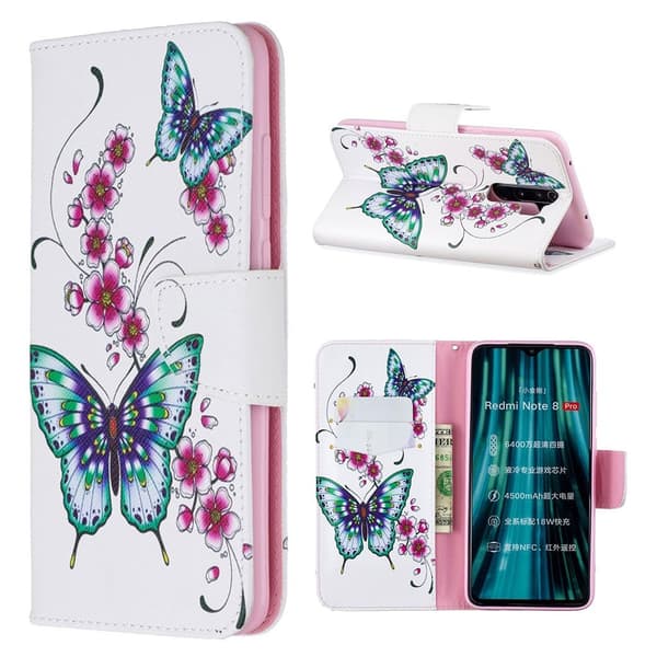 Wonderland Xiaomi Redmi Note 8 Pro Etui - Grønne Sommerfugler og Blomster Multicolor