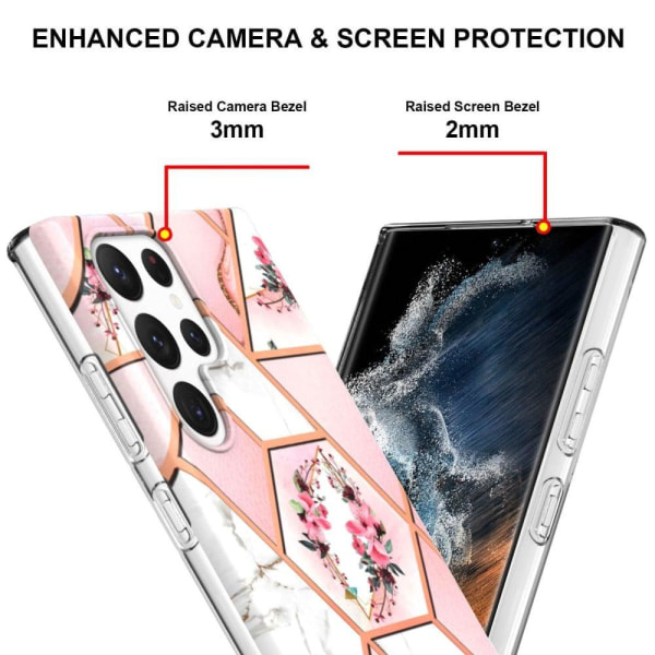 Marble Samsung Galaxy S23 Ultra Etui - Lyserøde Blomster Pink