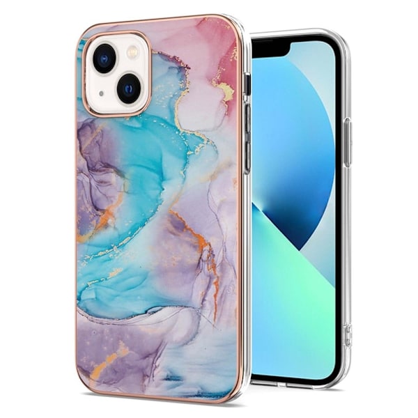 Marble Patterned Suojakuori With Ring Holder For iPhone 14 - Milky Way Marble Blue Multicolor