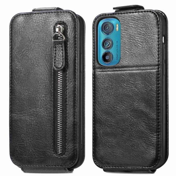 Vertical Flip Phone Etui med Zipper til Motorola Edge 30 - Sort Black