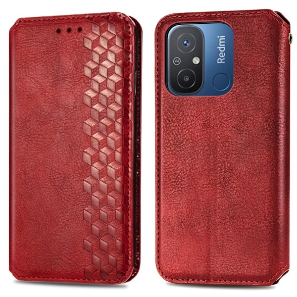 Læder Etui med A Stilfuldt Rhombus Tryk til Xiaomi Redmi 12C / 11a - Rød Red