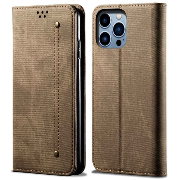 Jeans iPhone 14 Pro Max Läppäkotelo - Khaki Brown