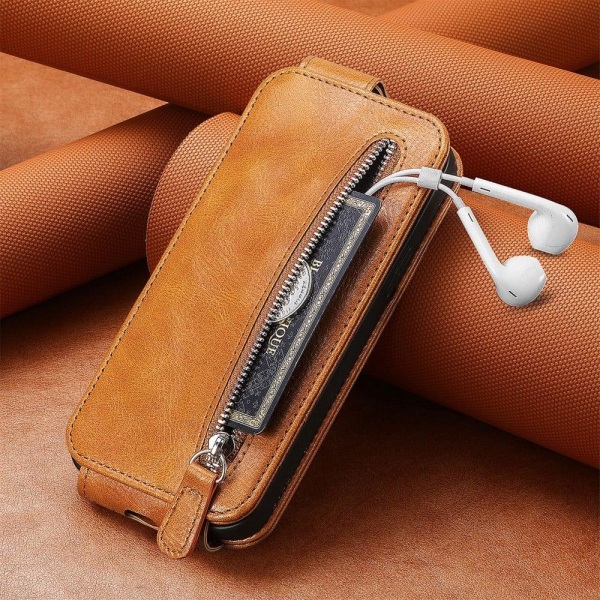 Vertical Flip Phone Suojakotelo With Zipper For Samsung Galaxy A04 - Ruskea Brown
