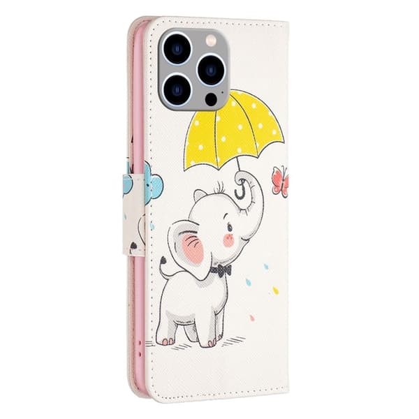 Wonderland iPhone 14 Pro Max flip kuoret - Sateenvarjo Ja Norsu Pink