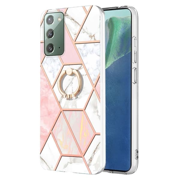 Marble Mønstret Deksel med Ring Holder til Samsung Galaxy Note 20 5G - Rosa / Hvit Pink