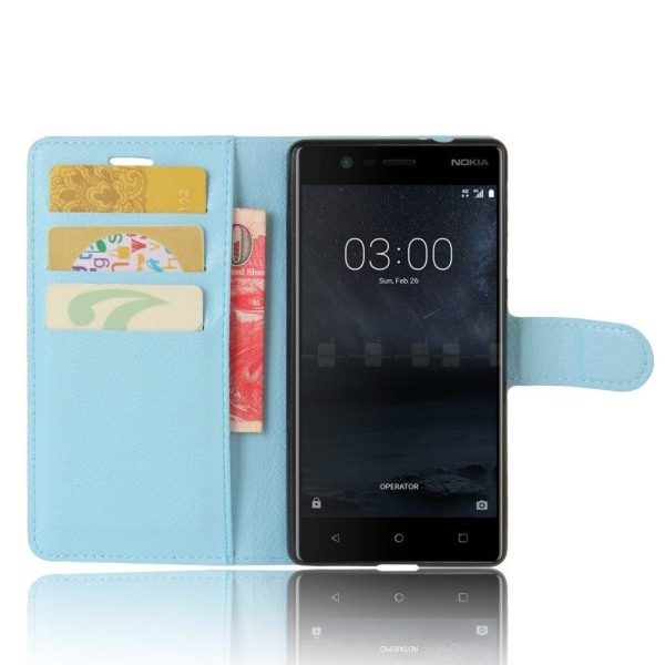 Nokia 3 Læder etui med Lychee skin - Babyblå Blue