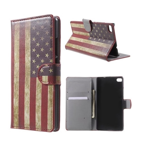 Moberg Huawei Ascend P8 Læder Etui Med Kortholder - Vintage USA Flag Multicolor