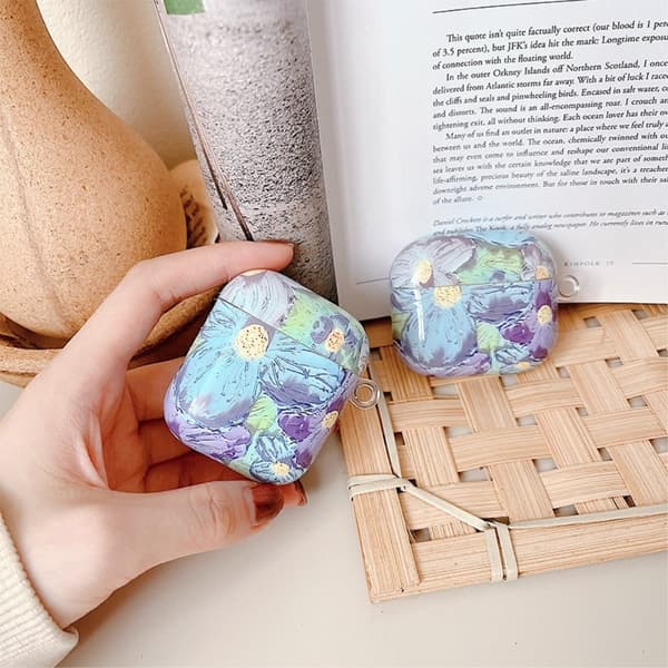 Airpods Pro skyddsfodral med karbinhake - Blåmålad Blomma Blå