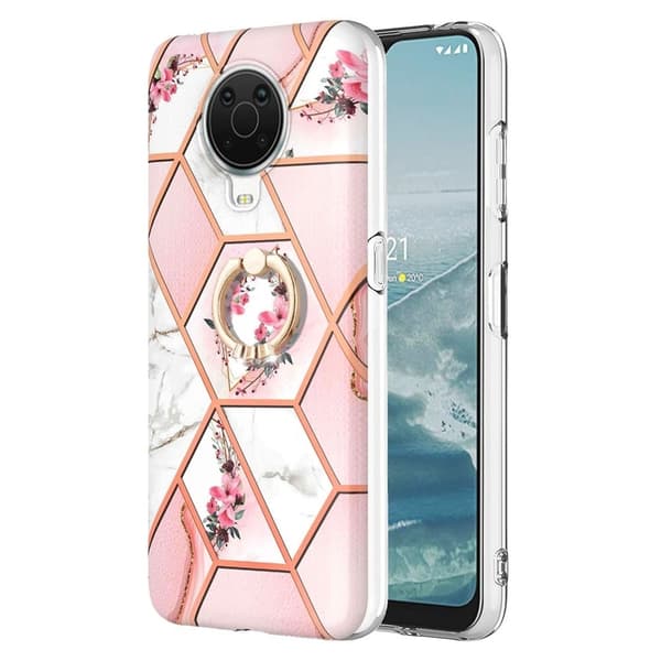 Marble Mønstret Deksel med Ring Holder til Nokia G10 / G20 - Rosa Blomster Pink