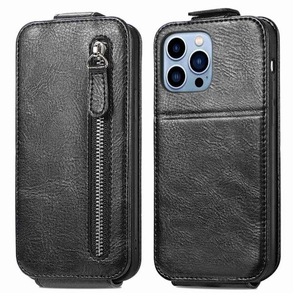Vertical Flip Phone Suojakotelo With Zipper For iPhone 13 Pro - Musta Black