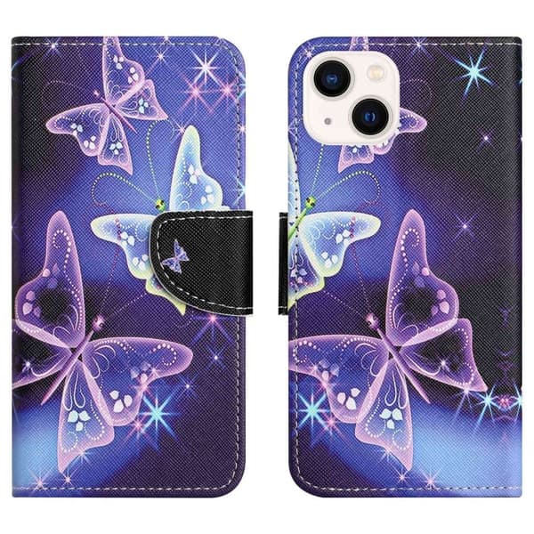 Wonderland iPhone 14 Flippetui - Sparkling Sommerfugler Purple