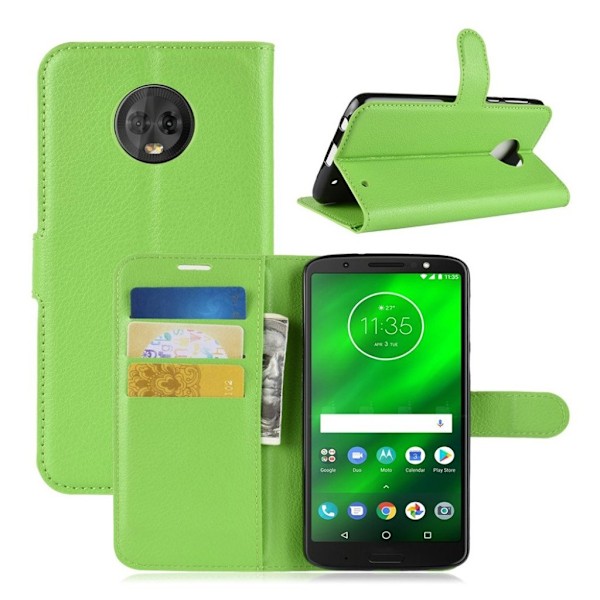 Motorola Moto G6 Plus mobiletui i lædermateriale med smuk Litchi overfalde samt stativ og lomme til penge - Grøn Green