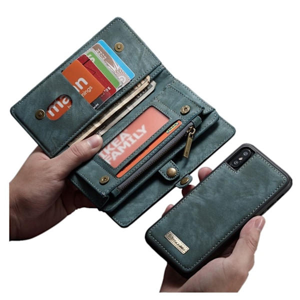 iPhone XS CASEME 2in1 haljais nahkainen lompakko suojakotelo missä useat kortti paikat ja kolikko tasku - Sininen Blue