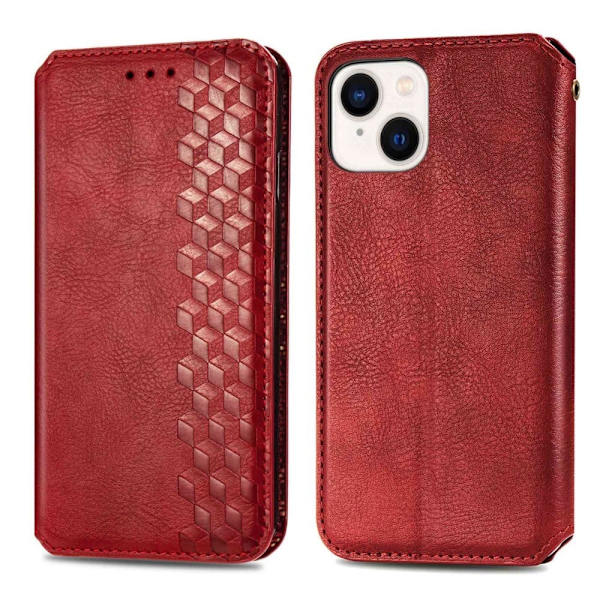 Nahkakotelo With A Stylish Rhombus Imprint For iPhone 14 Plus - Punainen Red